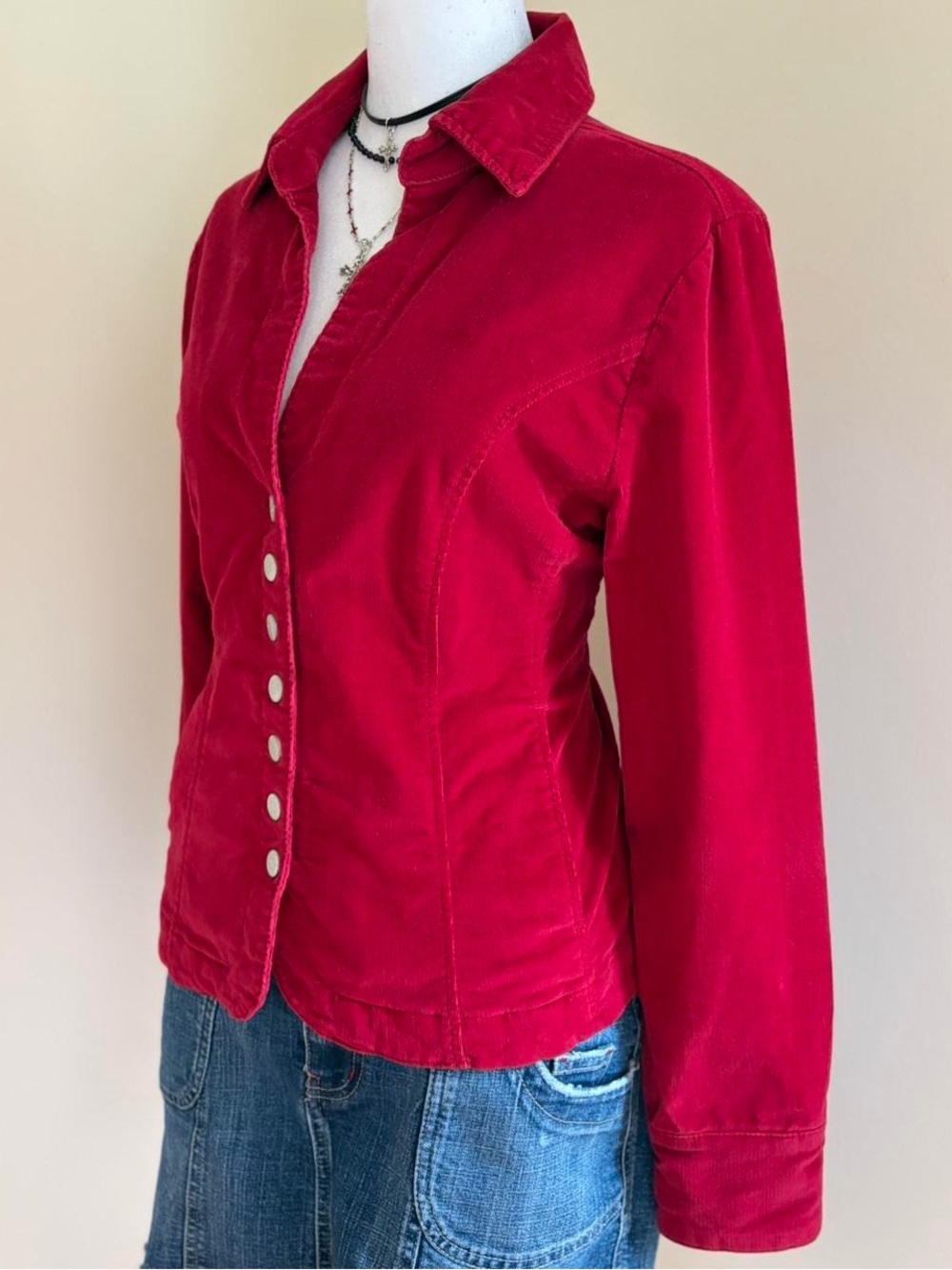 Vintage Y2K red velvet corduroy jacket vamp cyber subversive grunge blouse S-M - Picture 7 of 11
